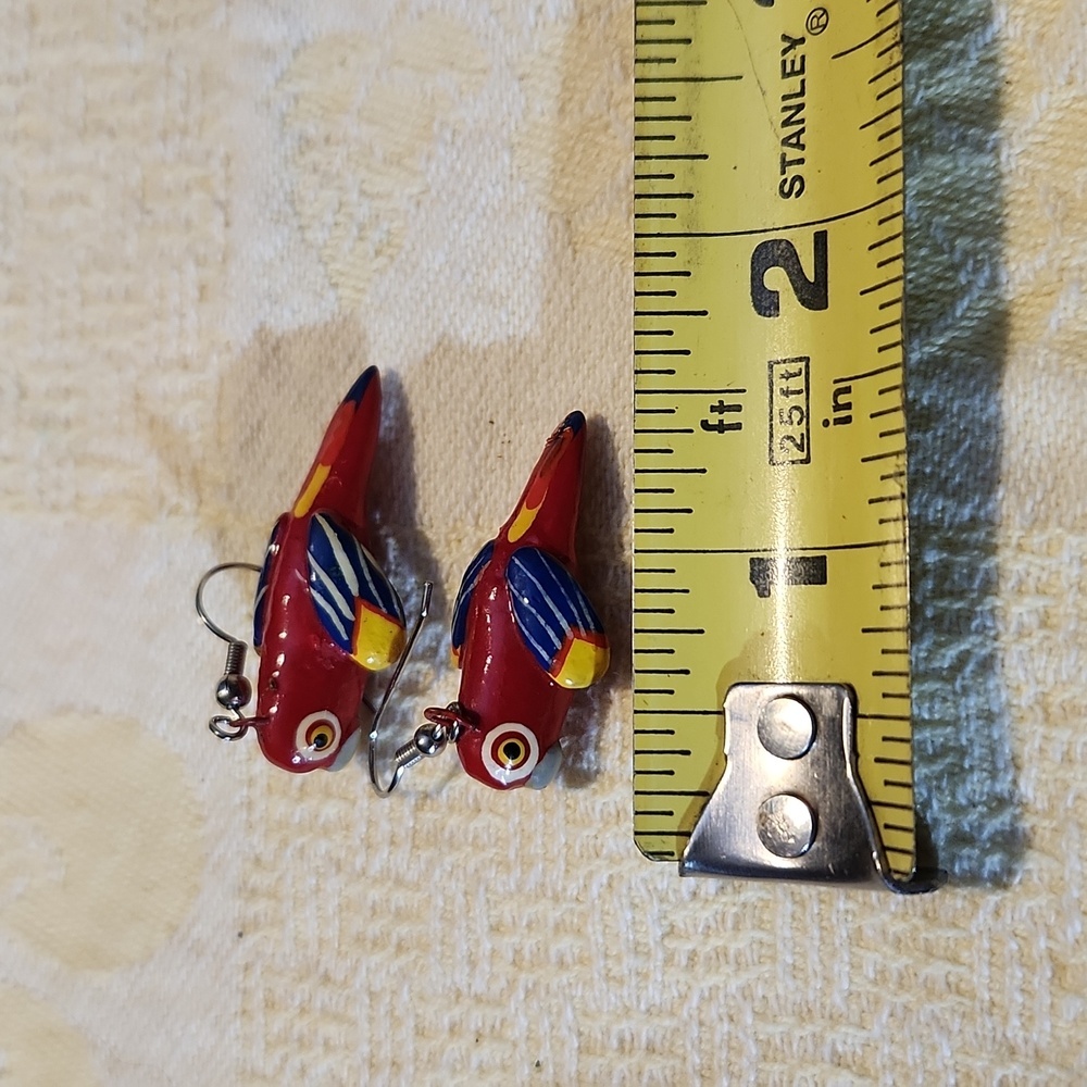 Folk art tropical parrot earrings red blue yellow